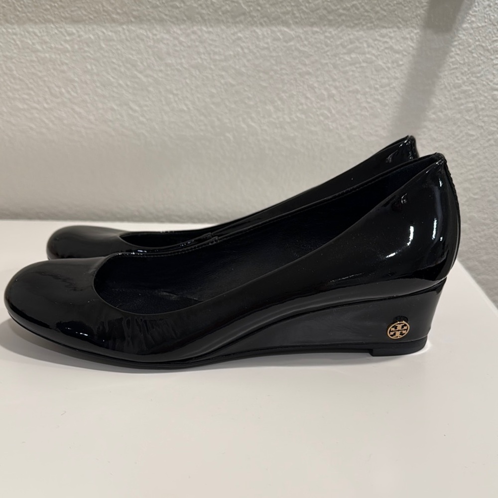 Tory Burch Black Patent Leather Wedge Shoes